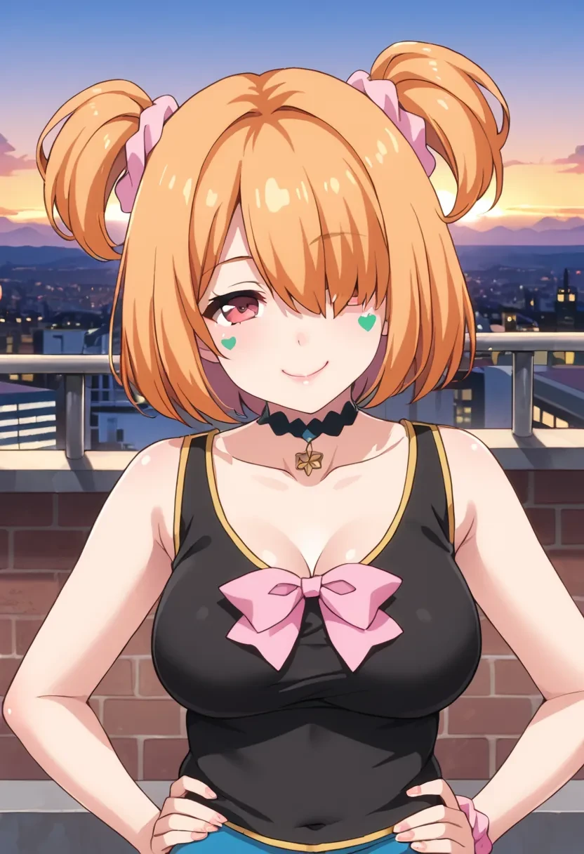 score_9, score_8_up, score_7_up, score_6_up,
masterpiece,

1girl, solo,

E9, pink scrunchie, orange hair, short hair, scrunchie, facial mark, hair ornament, twintails,

brown eyes, red eyes, hair over one eye,

rooftop, sunset, cityscape, quiet moment, wind blowing, contemplative, smile, smug, hands on hips,, solo, cowboy shot, dutch angle

plump, choker, bow black tank top,

smile,