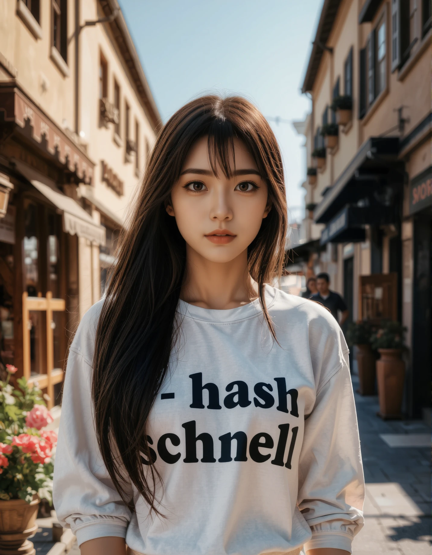 A photograph of an incredibly beautiful 18-year-old girl with long, stylish gradient brown hair, standing confidently at a street during daylight. She is wearing a shirt with "schnell" boldly painted in large, readable lettering, making the message stand out clearly. The natural light highlights her confident posture and elegant features, contrasts beautifully with her modern, stylish appearance. The atmosphere is serene, with the warm sunlight casting soft shadows and enhancing the overall balance between youthfulness and cultural heritage in the composition. Delicate flower and plant arrangements adorn her surroundings, bathed in dynamic chiaroscuro's dramatic play of light and shadow. High-resolution details reveal perfect anatomy, drawing the viewer in with its awe-inspiring beauty. The scene is centered, radiating an atmosphere of mystery as the subject's captivating pose fills the frame. With a smooth, sharp focus, the illustration bursts forth in high definition, accent lighting casting an otherworldly glow amidst contrasting bright paint colors on concept art.