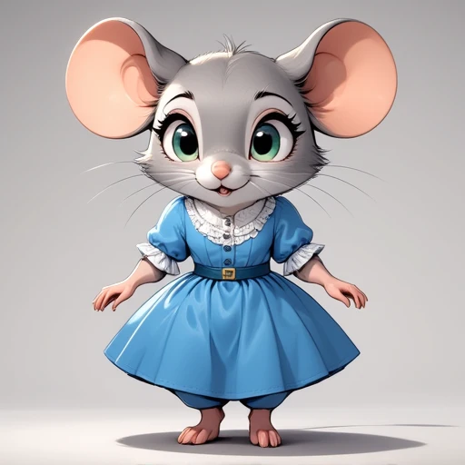 Nadiene mouse, furry mouse lady wearing blue dress, grey fur, small waist, cute big eyes, highly detailed 2d anime style