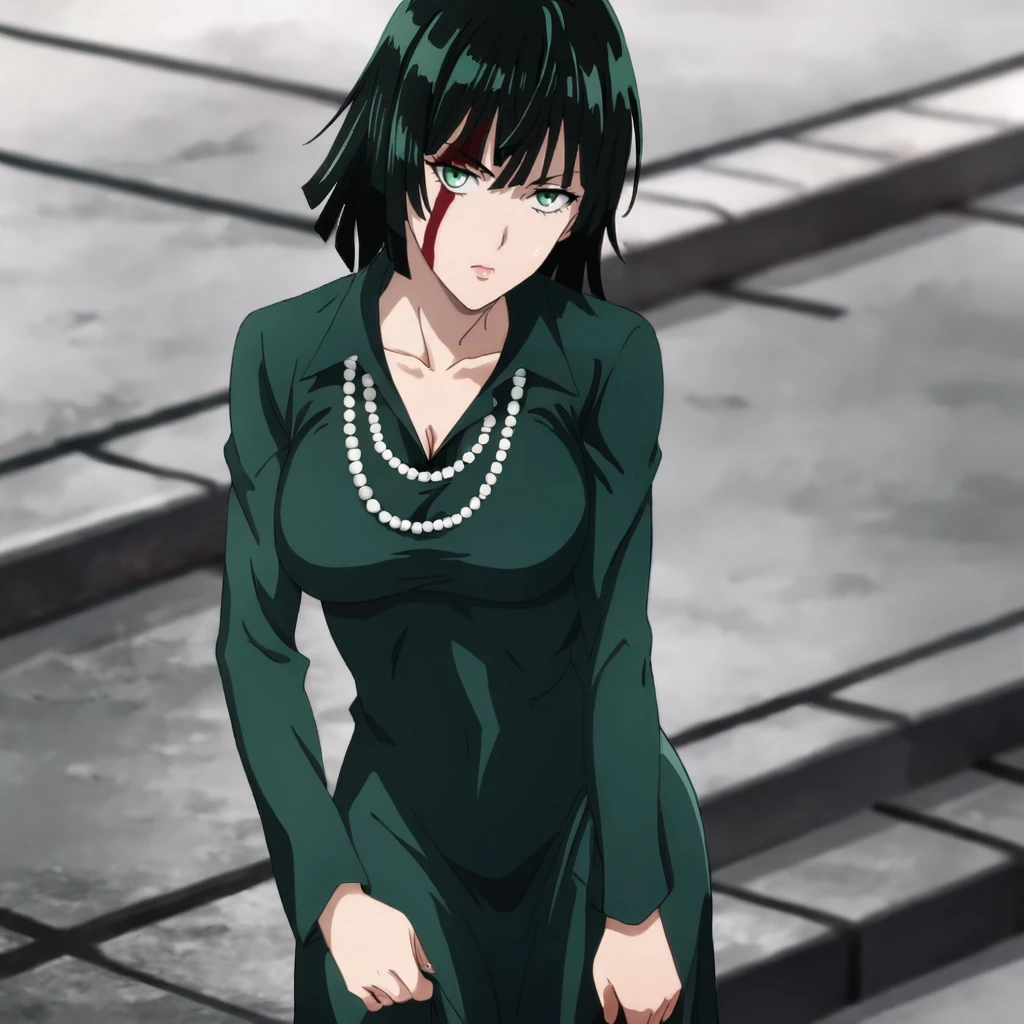 <lora:Fubuki_pony_v1:.8> FubukiBlood, 1girl, fubuki (one-punch man), green dress, green eyes, jewelry, pearl necklace, large breasts, black hair, short hair, blood on face, bangs, long sleeves, collarbone, cleavage, cowboy shot