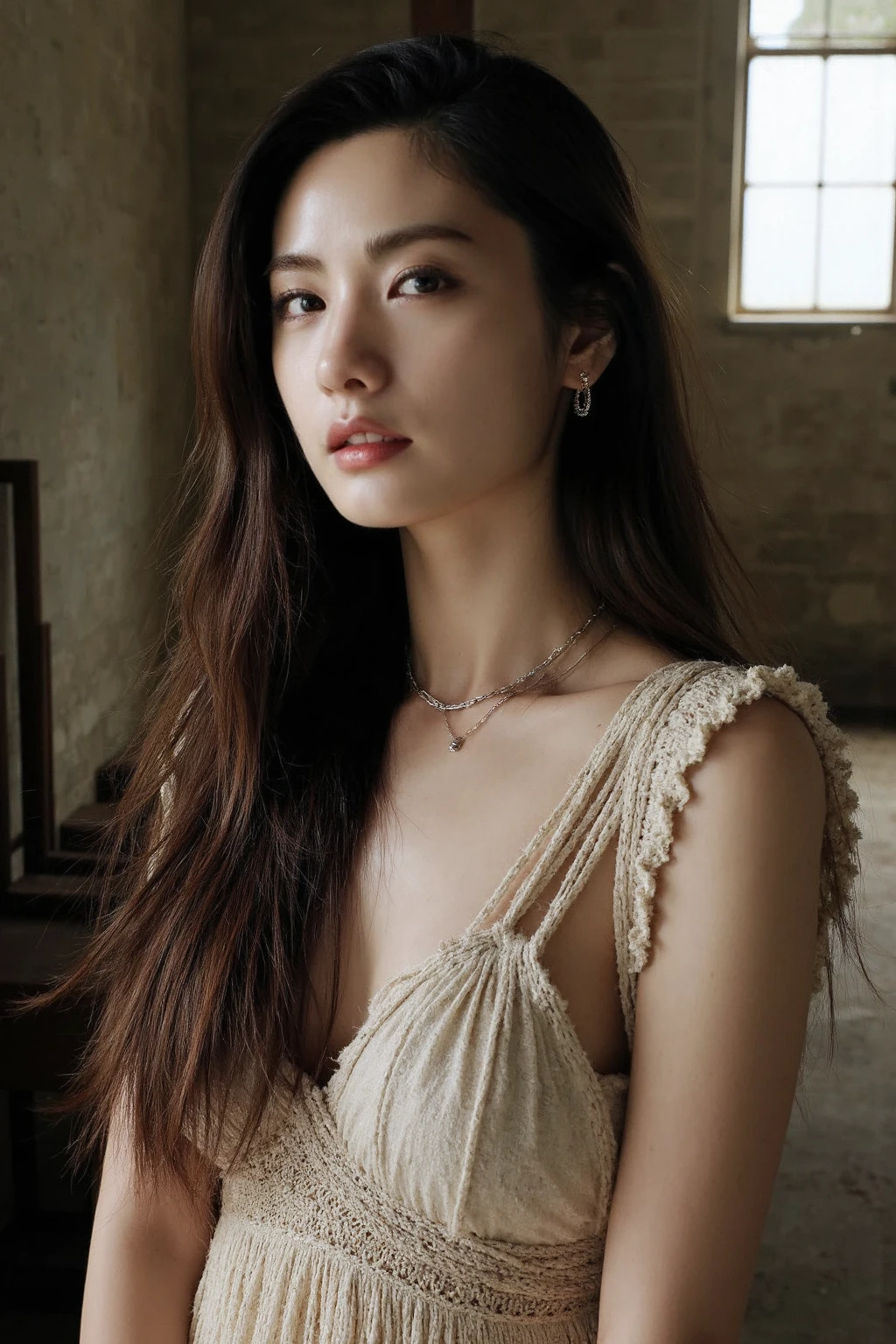 bright photo of beautiful korean girl with long wavy hair wearing bohemian dress, inside a rustic house with windows, necklace, dslr, studio lighting, high quality, film grain, light reflections, blood vessels, pale skin, detailed skin, <lora:flux_realism_lora:1>,<lora:makinaflux_nana_v1.0:1>