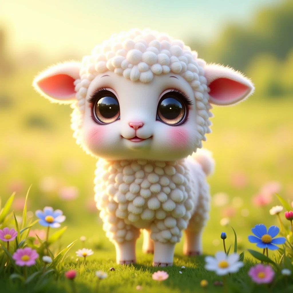 pam-swtvrld a lamb on a meadow with colorful flowers and warm sunlight.