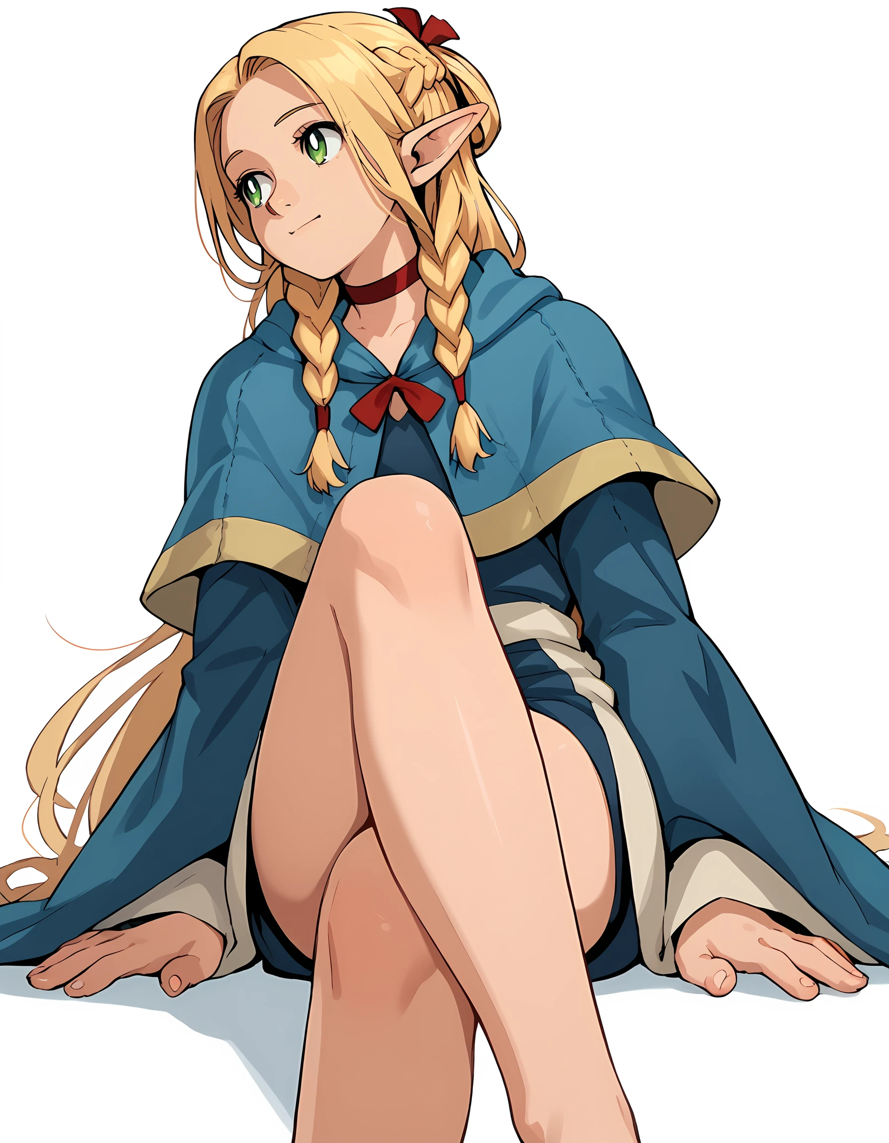 <lora:Marcille:1>marcille-donato, 1girl, solo, simple white background,
blue capelet, blue robe, sitting down, red choker, closed mouth, french braid, twin braids, half updo, legs crossed, looking away, happy