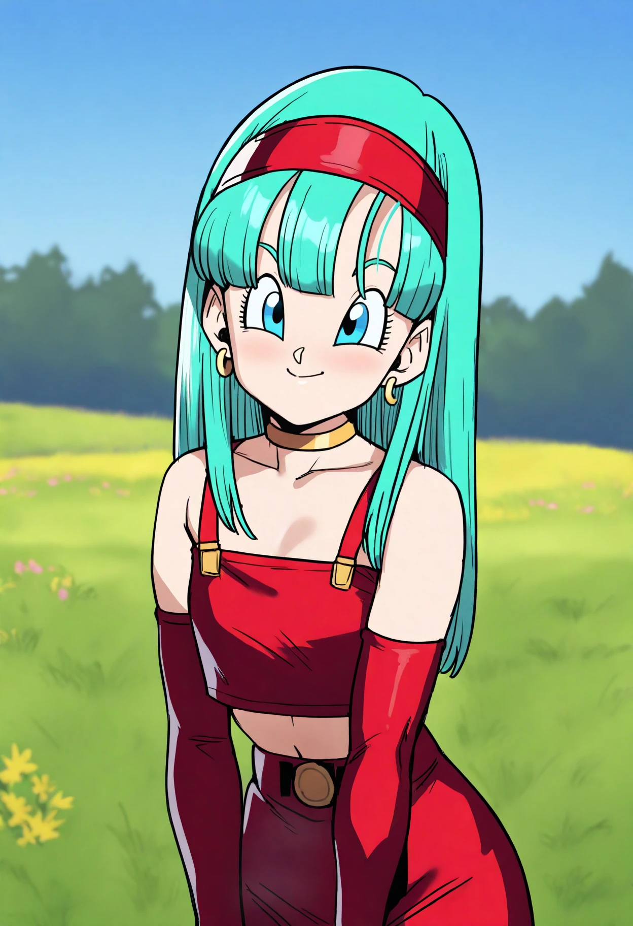 best quality, amazing quality, very aesthetic, absurdres,
1girl, bulla, aqua hair, long hair, blue eyes, hairband,
choker, crop top, earrings, red bridal gauntlets, red elbow gloves, midriff, red skirt,
upper body, smile, solo, looking at viewer, grass, blue sky, meadow background   <lora:BullaIllustriousXL_byKonan:1>