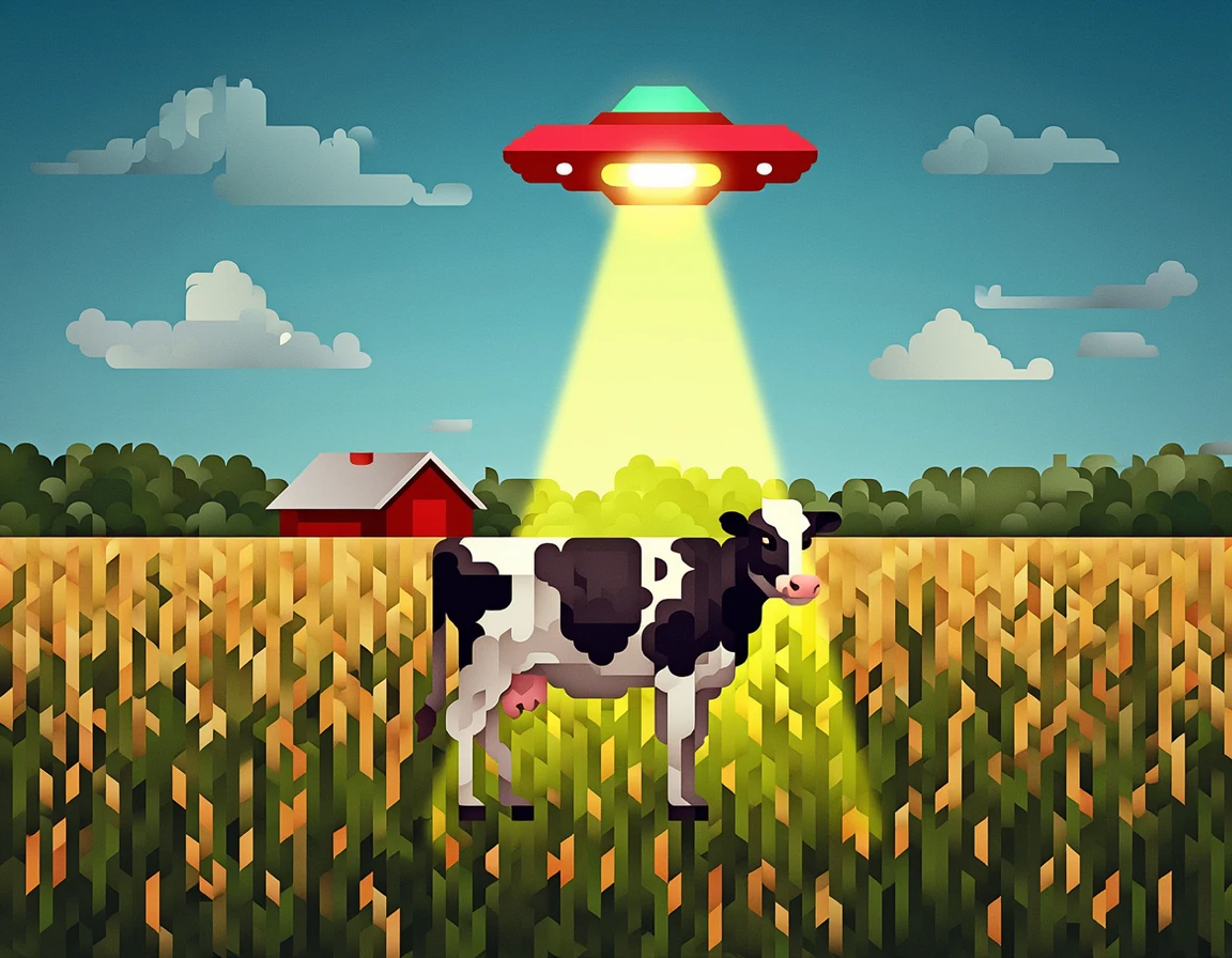 <lora:51gg1_06F1D-000010:1.0>,51gg1 style,cow in a cornfield, (with a ufo overhead),(shining a bright light beam), barn in background,detailed,vector art,colorful,digital art