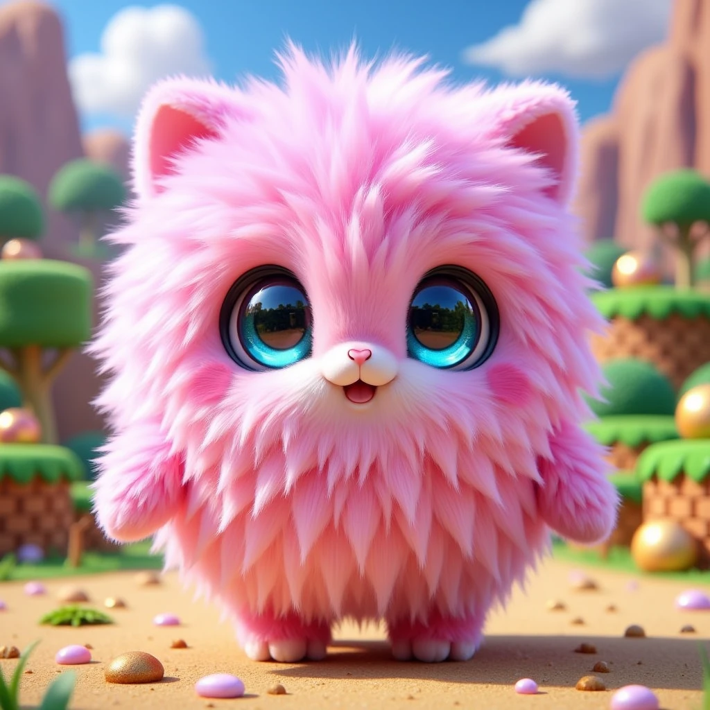 pam-swtvrld pink fluffy creature from supermario. the background is a super mario level