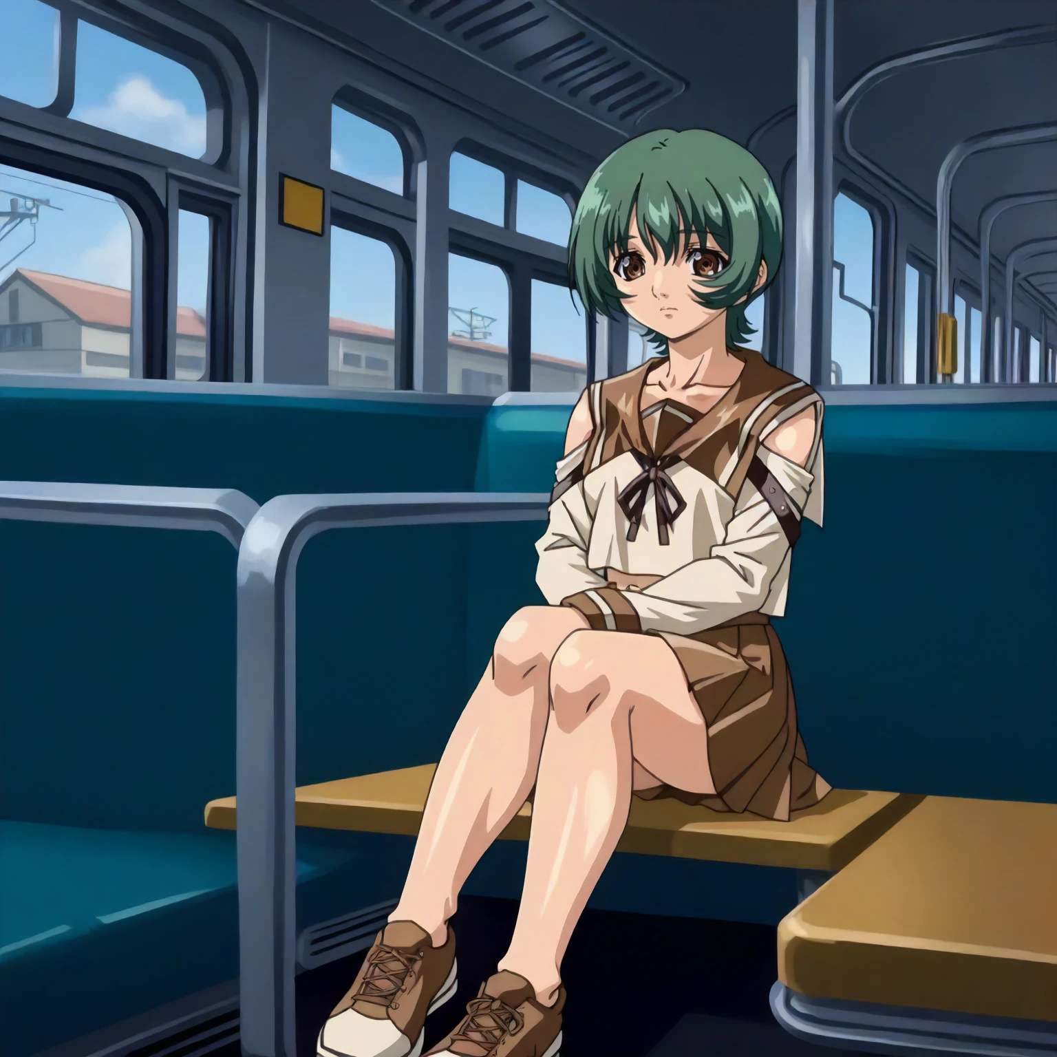 <lora:GSE_AkiXLpony002>,
inside the train,
solo,
Aki,1girl,green hair,short hair,brown eyes,
school_uniform,brown sailor collar,shoulder cutout,white shirt,long_sleeves,
navel,brown skirt,miniskirt,
sneakers,
sitting,