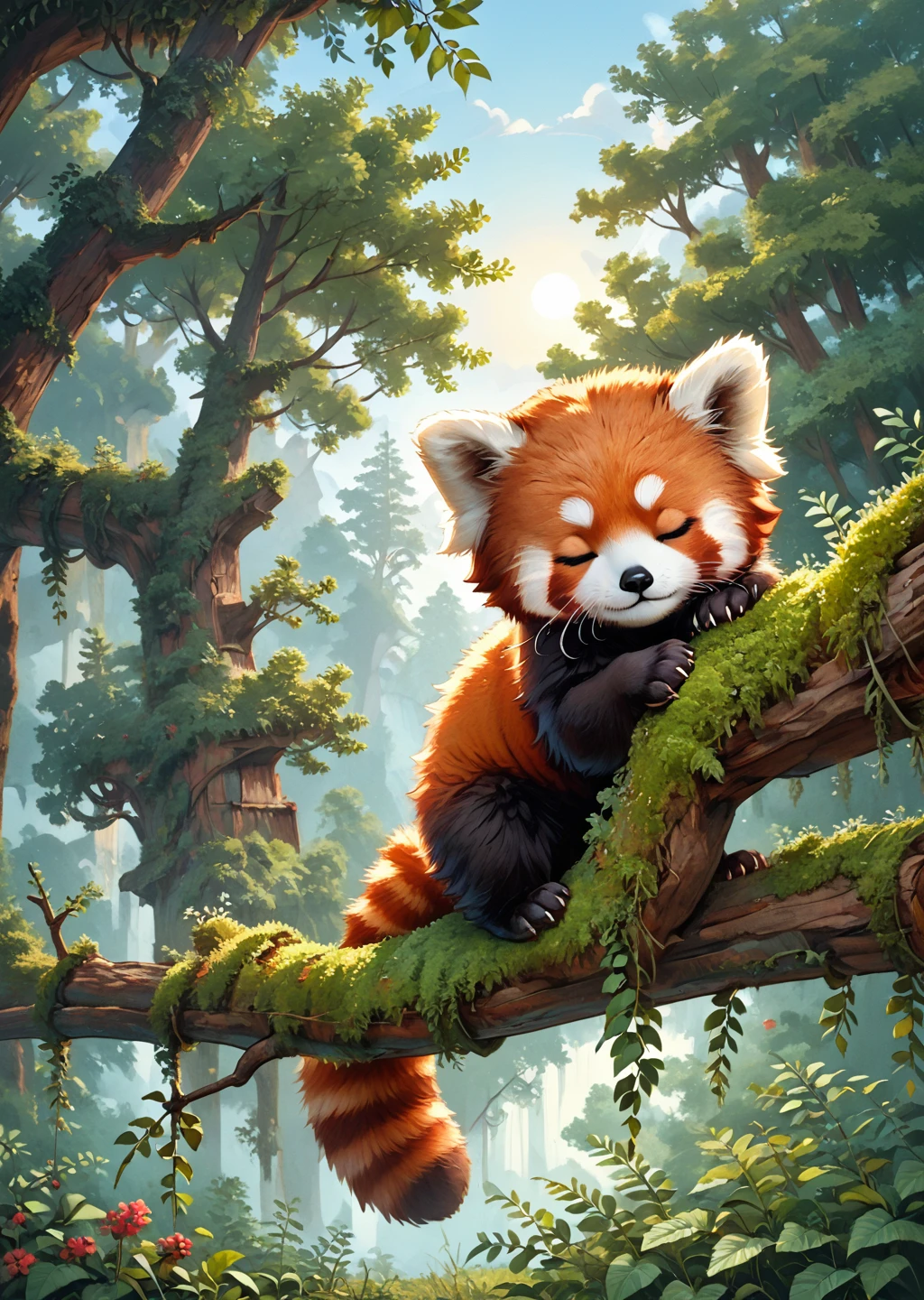 score_9, score_8_up, score_7_up, score_6_up, score_5_up, score_4_up, cute female furry feral chibi feral red panda laying ontop of a tree branch, enjoying the sun, closed eyes, source_furry  <lora:SDXLJohnConstable_v4:1> jhcst, sky, scenery, outdoors  <lora:Red Panda_epoch_12:0.8> red panda, animal, solo