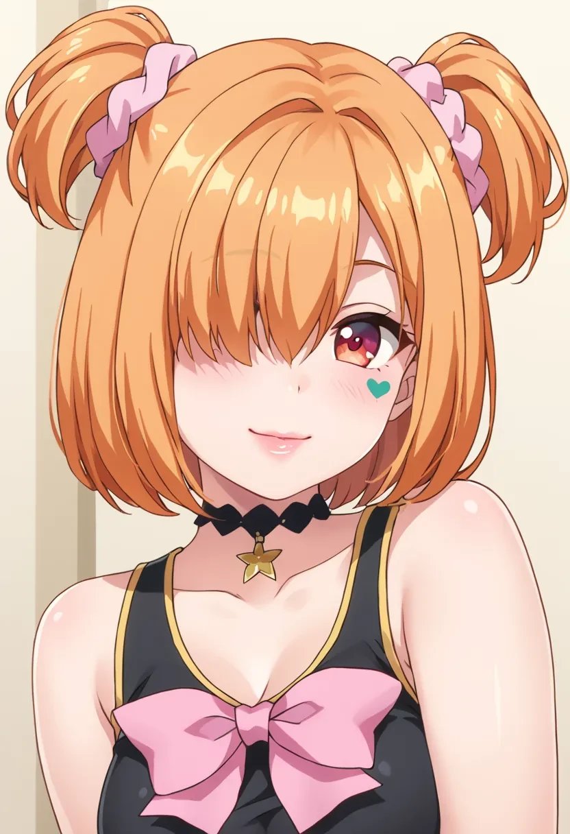 score_9, score_8_up, score_7_up, score_6_up,
masterpiece,

1girl, solo,

E9, pink scrunchie, orange hair, short hair, scrunchie, facial mark, hair ornament,

brown eyes, red eyes, hair over one eye,

choker, bow black tank top,

plump,

smile,