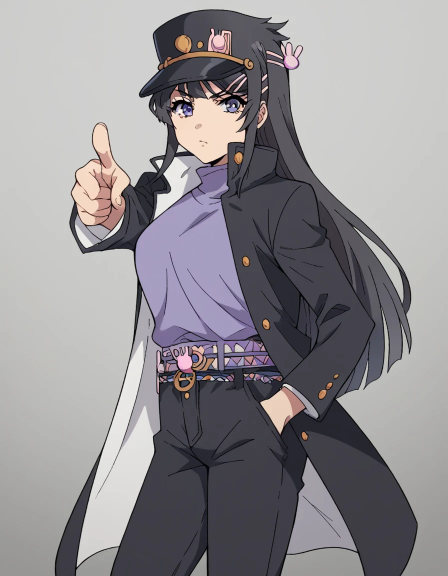 score_9, score_8_up, score_7_up, source_anime, maisakurajima, <lora:mai-sakurajima-s1-ponyxl-lora-nochekaiser:1> mai sakurajima, long hair, bangs, black hair, hair ornament, purple eyes, hairclip, rabbit hair ornament, medium breasts,, <lora:kujo-jotaro-cosplay-ponyxl-lora-nochekaiser:1>, kujo jotaro cosplay, kujo jotaro (cosplay), gakuran, cosplay, belt, black headwear, black jacket, black pants, high collar, multiple belts, pants, shirt,, street, jojo pose, pointing, hand in pocket, cowboy shot, looking at viewer,