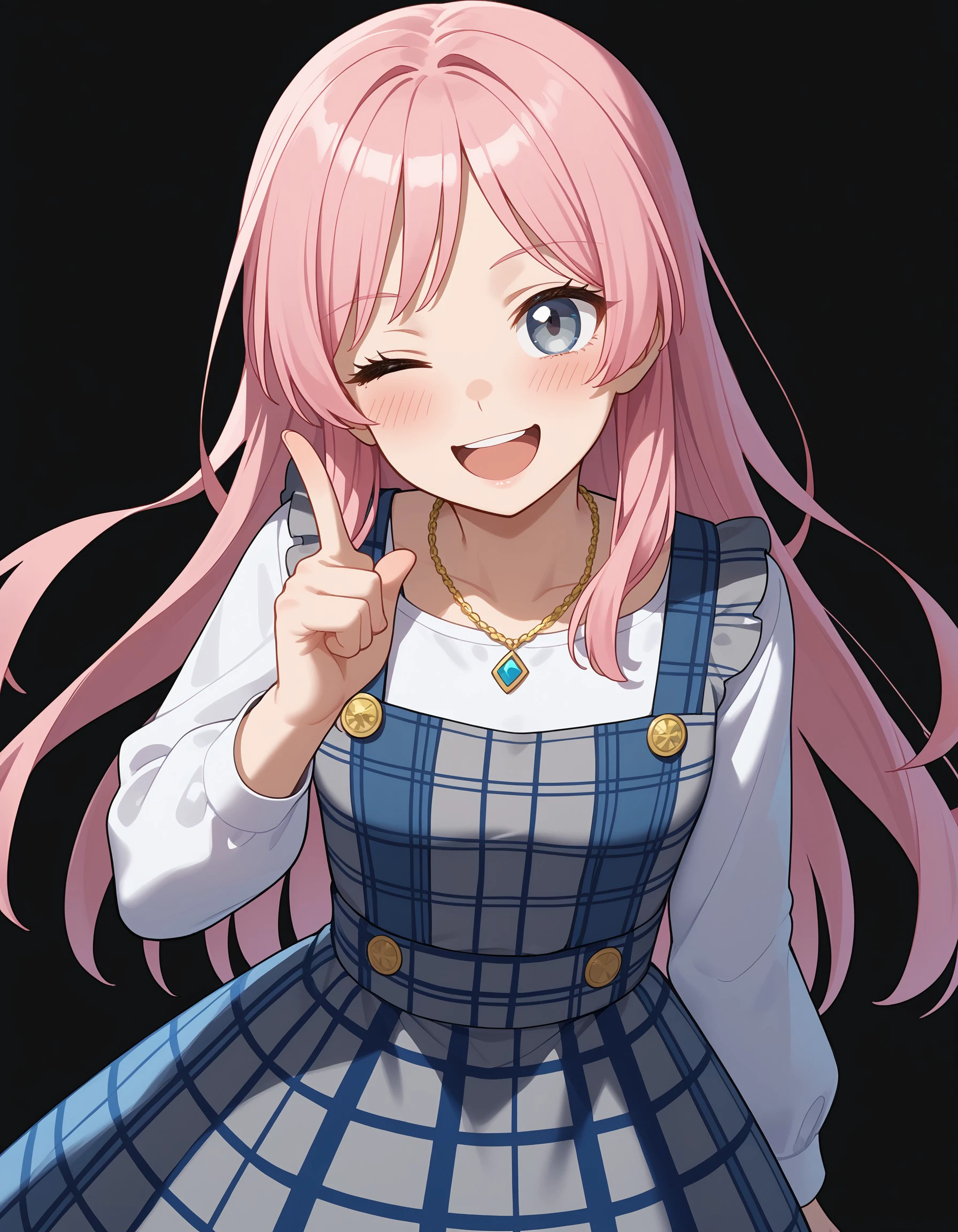 (masterpiece), best quality, expressive eyes, perfect face, anonc, pink hair, long hair, grey eyes, looking at viewer, blush, smile, open mouth, blue eyes, simple background, shirt, long sleeves, dress, jewelry, white shirt, one eye closed, necklace, plaid, ;d, black background, index finger raised, pinafore dress, grey dress, plaid dress, <lora:9fdcbd86-6fd9-4c09-9d1d-c565b518a360:0.7>