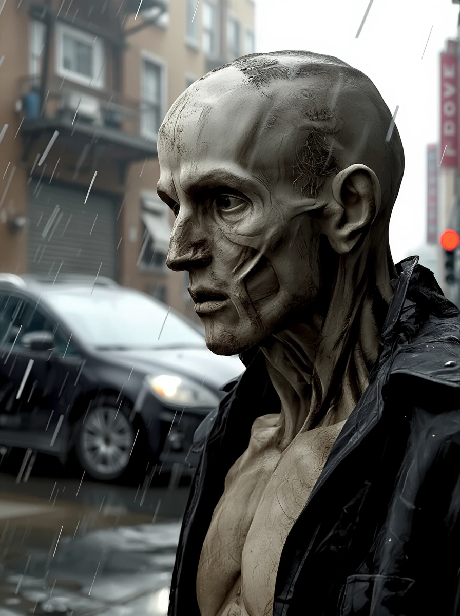 best quality, highly detailed, photorealistic, a pale skin old man cyborg in the rain, JAHOUTON<lora:houton:1.7> , urban context, natural lighting, sharp, 32K HD,