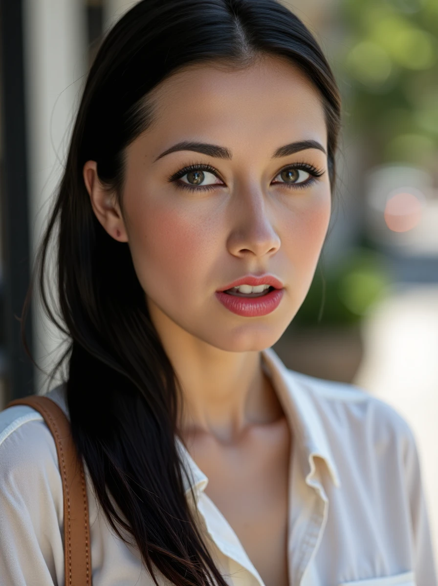 close up photo of a dressed woman , with sleek side swept hair, her pale skin has a high detailed texture and shows details like moles, small hairs and pores, her expression is surprised, she is wearing a relaxed Sunday brunch ensemble with a wrap dress, espadrilles, and a tote bag, perfect for a laid-back morning. Set outside, with a natural lighting, highlights. <lora:alexclora-000012:1>