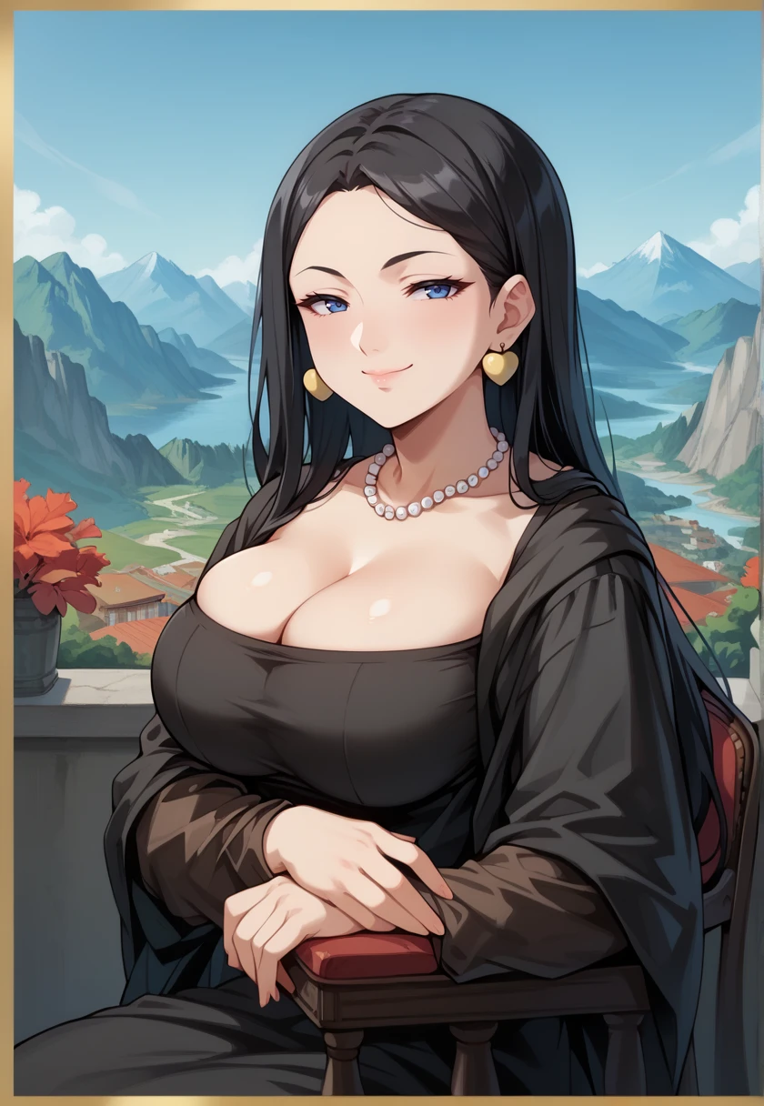 <lora:LaJocondeNSLT:1> LaJonconde, 1girl, solo, black dress, long sleeves, upper body, sitting, gold border, framed, fine art parody, reference sheet, cleavage, outdoors, mountainous horizon, scenery, looking at viewer, bursting breasts, smile, smug, looking at viewer,  <lora:YukinoTomioka-09:1> YukinoTomioka, black hair, long hair, forehead,  blue eyes, large breasts, heart earrings, pearl necklace, half-closed eyes, naughty face, looking at viewer, smile, 16k, masterpiece, absurdes, highly detailed, highres, high quality, best quality, score_9, score_8_up, score_7_up, score_6_up