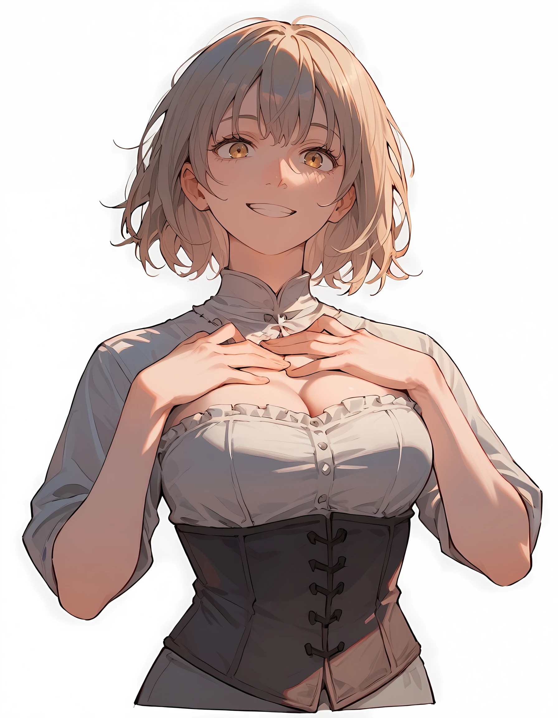 <lora:Falin:1>f4lin-thorden, 1girl, large breasts, grey pants, corset, smile, simple background, upper body, one hand on chest