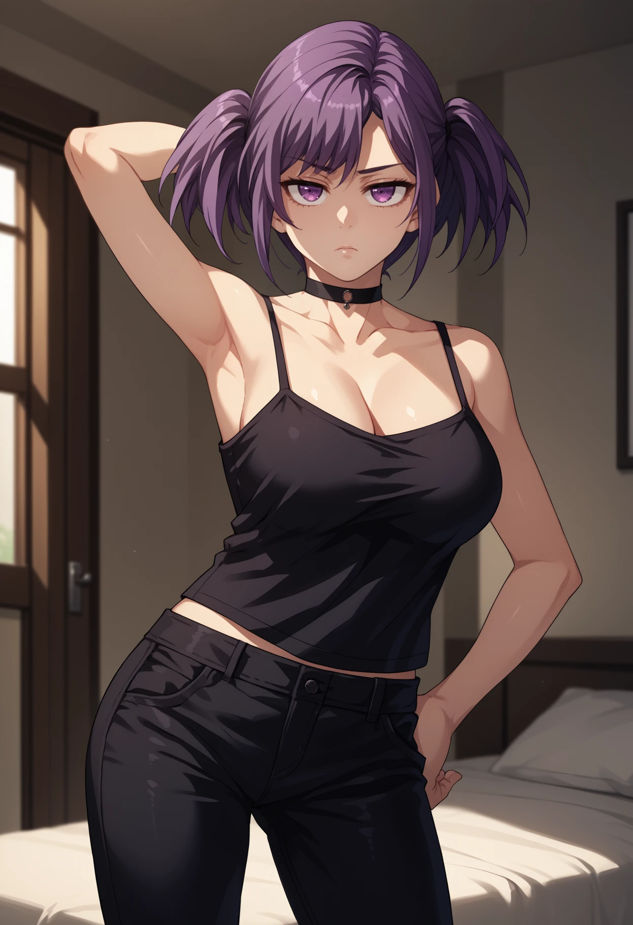 score_9, score_8_up, score_7_up, source_anime, <break> solo, 1girl, souma kurumi, unamused, looking at you, standing, arm behind head, hand on own hip, short hair, purple hair, short twintails, purple eyes, black camisole, spaghetti strap, black pants, black choker, cleavage, bare shoulders, collarbone, large breasts, indoors, bedroom
<segment:yolo-face_yolov8m.pt,0.4,0.5//cid=1>