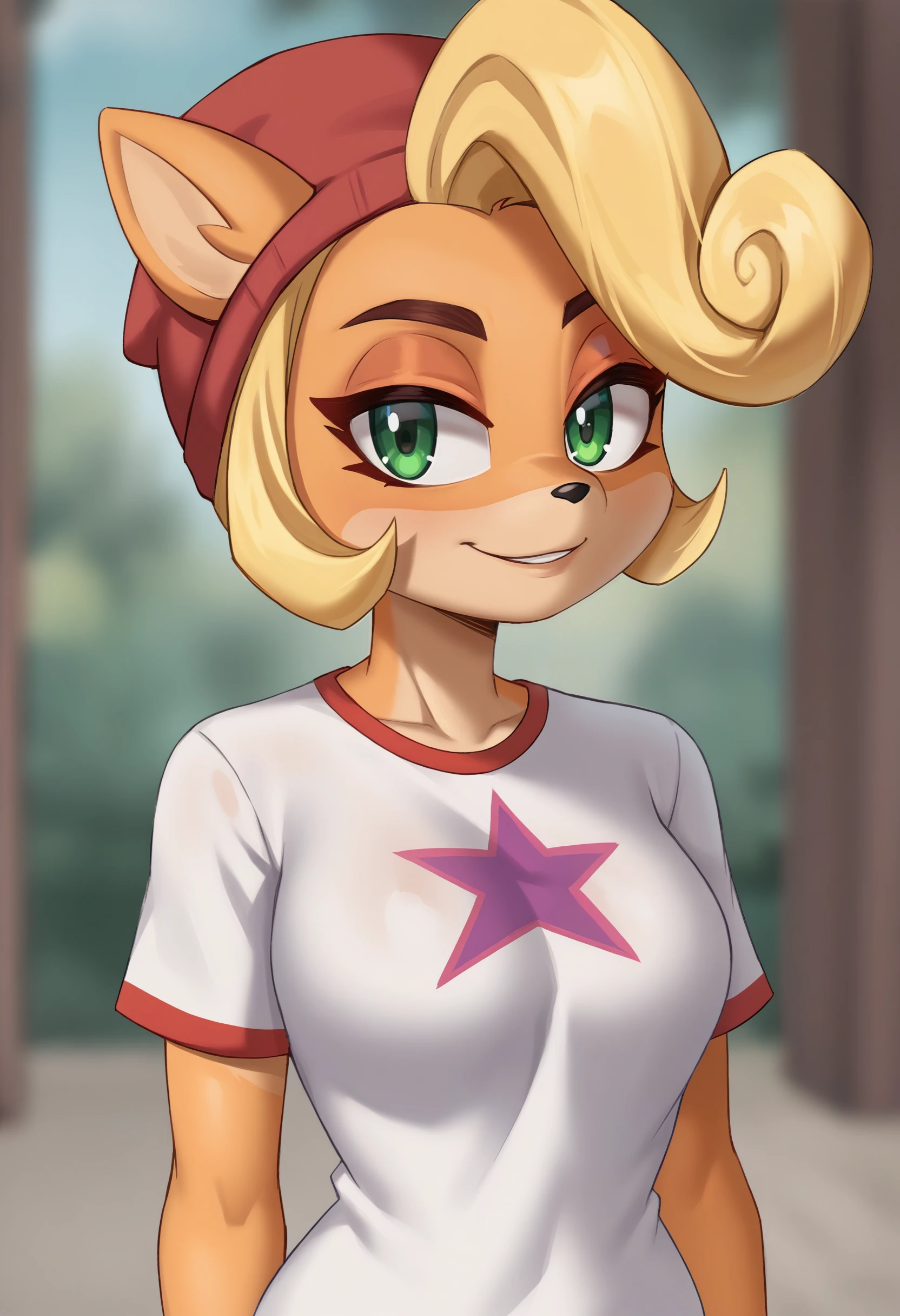 <lora:18-guy-PONY-DORAv1:1>, eigeen, score 9, score 7 up, 1girl, solo, furry female, blonde hair, red beanie, looking at viewer, head tilt, shirt, portrait, depth of field, short hair, tomboy, coco bandicoot