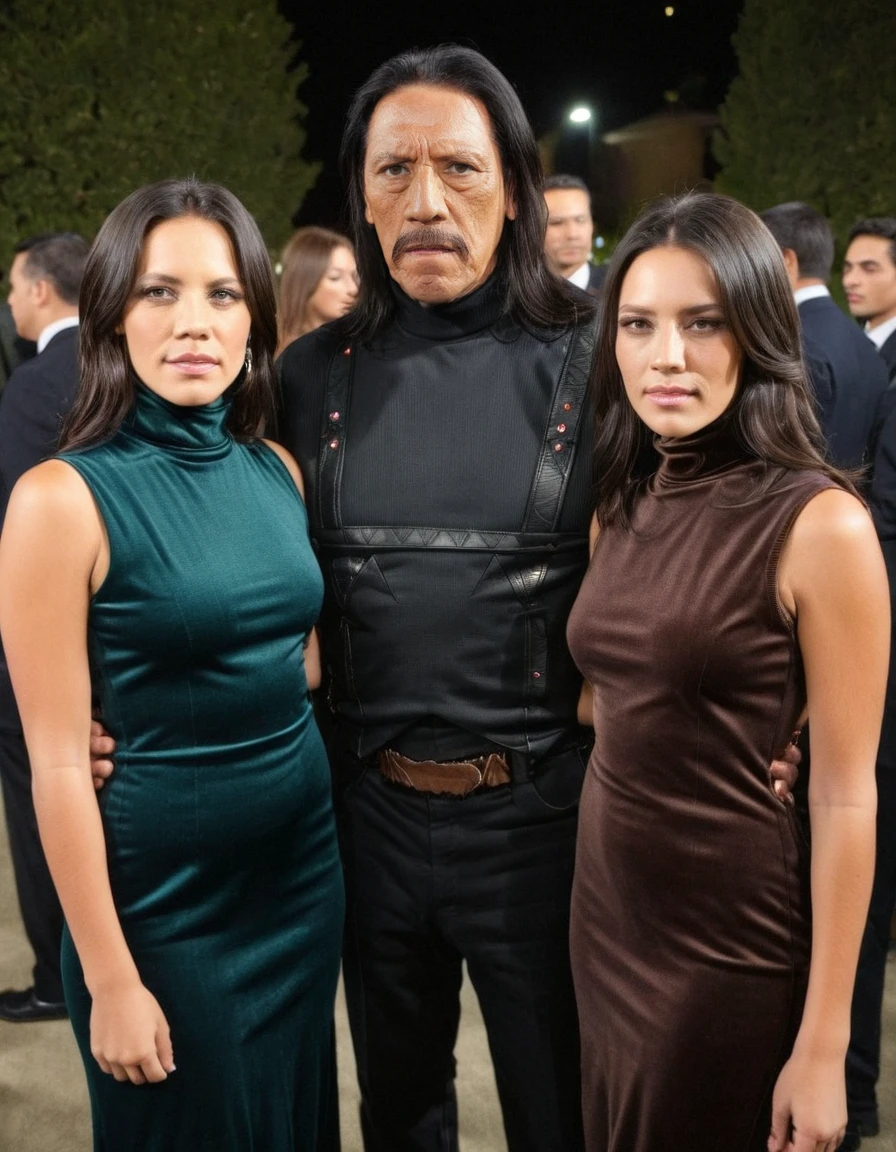 <lora:MacheteSDXL-000008:1>, 1boy, 2girls, photo of (MacheteSDXL:1.2) posing with 2 beautiful elegant girlswearing glamorous turtleneck dress