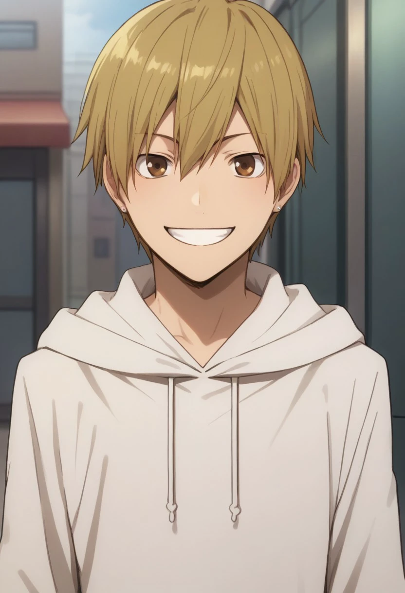 score_9, score_8_up, score_7_up, source_anime, highly detailed, 
masaomi, 1boy, male focus, solo, blonde hair, short hair, hair between eyes, brown eyes, hoodie, white hoodie, hood, jewelry, earrings smile, grin,
outdoor,