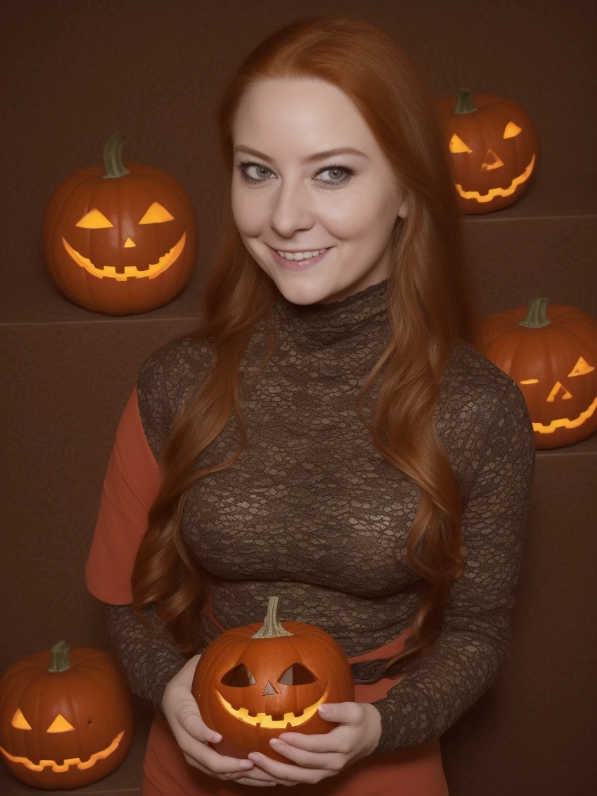 a professional absurdres sharp focus intricately detailed photograph of (Barbara_Meier:1.1),
She's wearing a lace turtleneck jack-o-lantern-themed costume. She is smiling at you and offering candy from a bowl containing all kinds of things, like chocolate bars and eyeballs. those are nice glowing eyes.
 <lora:Barbara_Meier-SDe12:0.8>