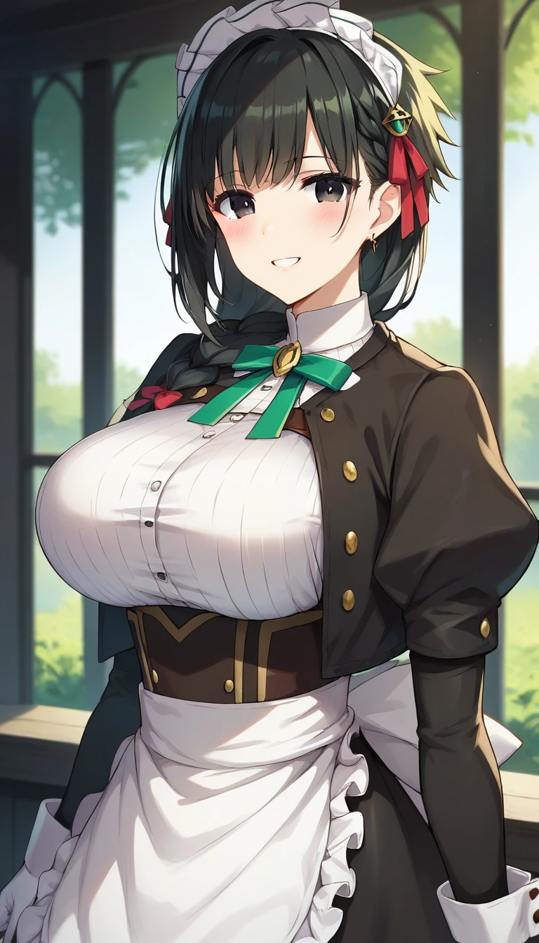 score_9,score_8_up,score_7_up,score_6_up BREAK official art,solo,outdoors,upper body,(portrait:1.5),looking at viewer,facing viewer,smile,blush,taut clothes,Yuki,maid headdress,long hair,black hair,hair ornament,hair ribbon,red ribbon,single braid,hair over shoulder,earrings,bangs,black eyes,neck ribbon,green ribbon,green bowtie,black jacket,cropped jacket,open jacket,turtleneck,(white shirt:1.5),long sleeves,puffy sleeves,juliet sleeves,white gloves,large breasts,maid apron,white apron,frilled apron,waist apron,lace-up boots,white footwear,<lora:Yuki(yams)-Pony:1.2>,