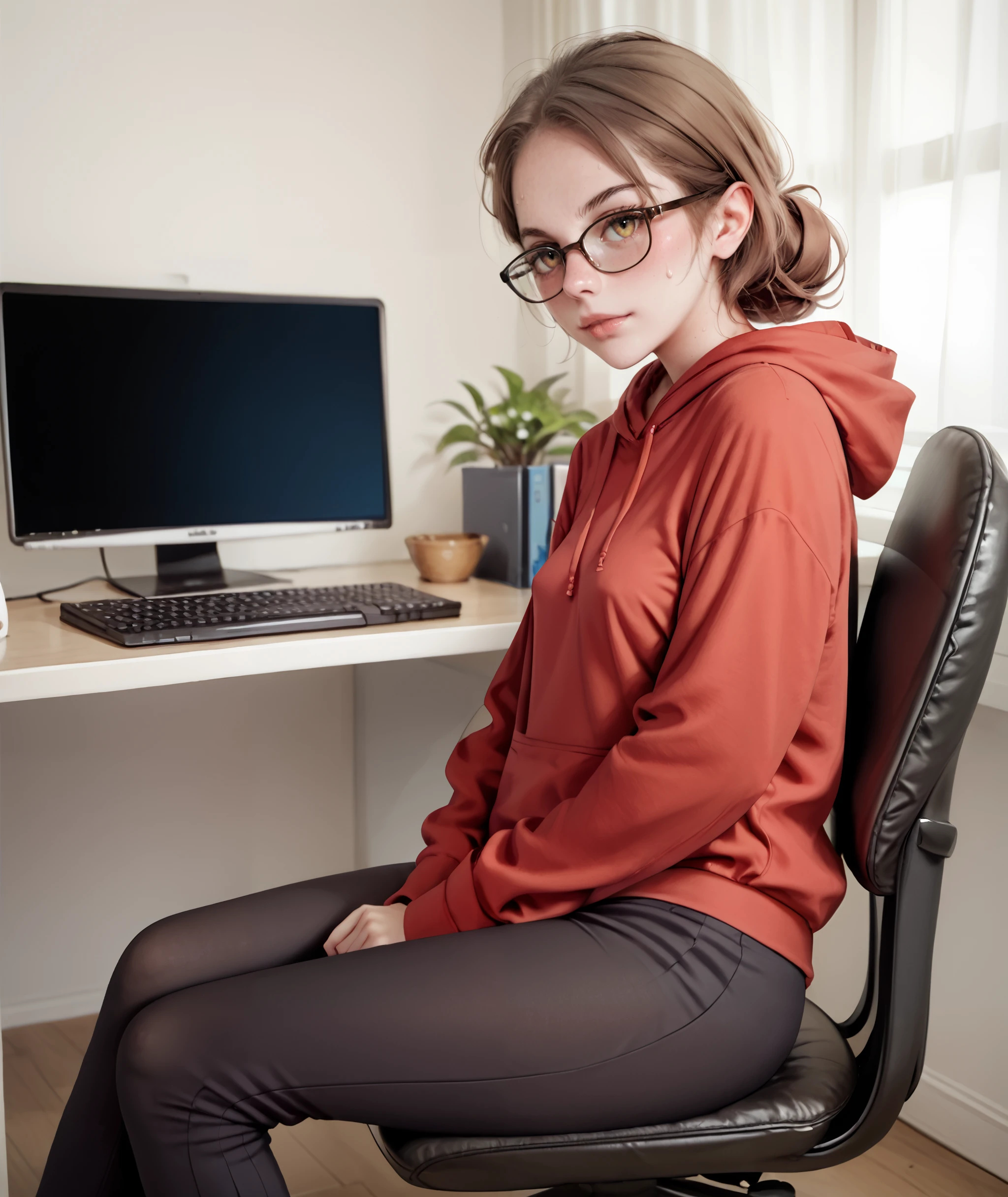 rating_explicit, rating_questionable, score_9, score_8_up, score_7_up, n3rd, glasses, brown hair, small breasts, Sexy, sitting, red hoodie, tight black sweatpants, computer chair, internet cafe, gaming pc