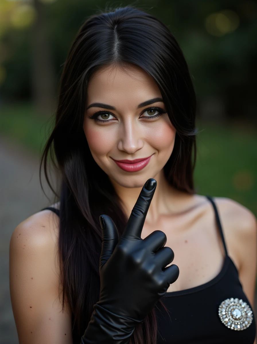 close up photo of a dressed woman beckon with a finger, seductive, with sleek straight hair, her pale skin has a high detailed texture and shows details like moles, small hairs and pores, her expression is happy, she is wearing an elegant opera night ensemble with a floor-length gown, opera gloves, and a small, bejeweled clutch. Set outside, with a natural lighting, high contrast. <lora:alexclora-000012:1>