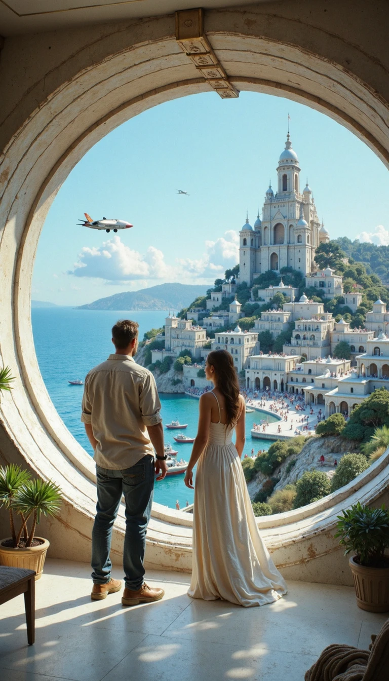 detailed city, A man and a woman stand inside a futuristic dwelling with an expansive curved window showcasing a towering cityscape on an idyllic planet. The hyperrealistic scene is bathed in the warm, natural light of a clear day, highlighting the couple's contemplative silhouettes as they gaze upon the vista.  The man, clad in casual attire, stands slightly closer to the viewer, while the woman in a flowing white gown occupies the foreground, her back to the observer. The camera, positioned at eye level, captures a medium shot encompassing the couple and the breathtaking vista. The focus should be on the awe-inspiring view, emphasizing the grandeur of the cityscape and the tranquility of the scene.  Intricately detail the futuristic architecture with flying vehicles navigating the azure sky.