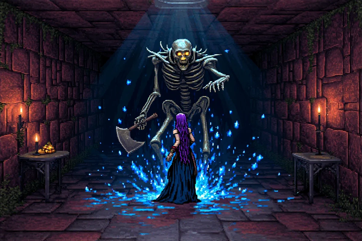 A dark sewers,red bricks,moss on walls,dimly lit dungeon with candles. A purple and blue haired woman is standing in the center with her blue sparkle spell ready to fight the giant skeleton with an axe. Skeleton has glowing eyes and has some armor torn and rusted.   <lora:FLUX\FLUX.1-Turbo-Alpha\FLUX.1-Turbo-Alpha.safetensors:1>  <lora:MyTrainings\Test\Eye_of_Beholder_F1D_ARZUMATA.safetensors:1.3>