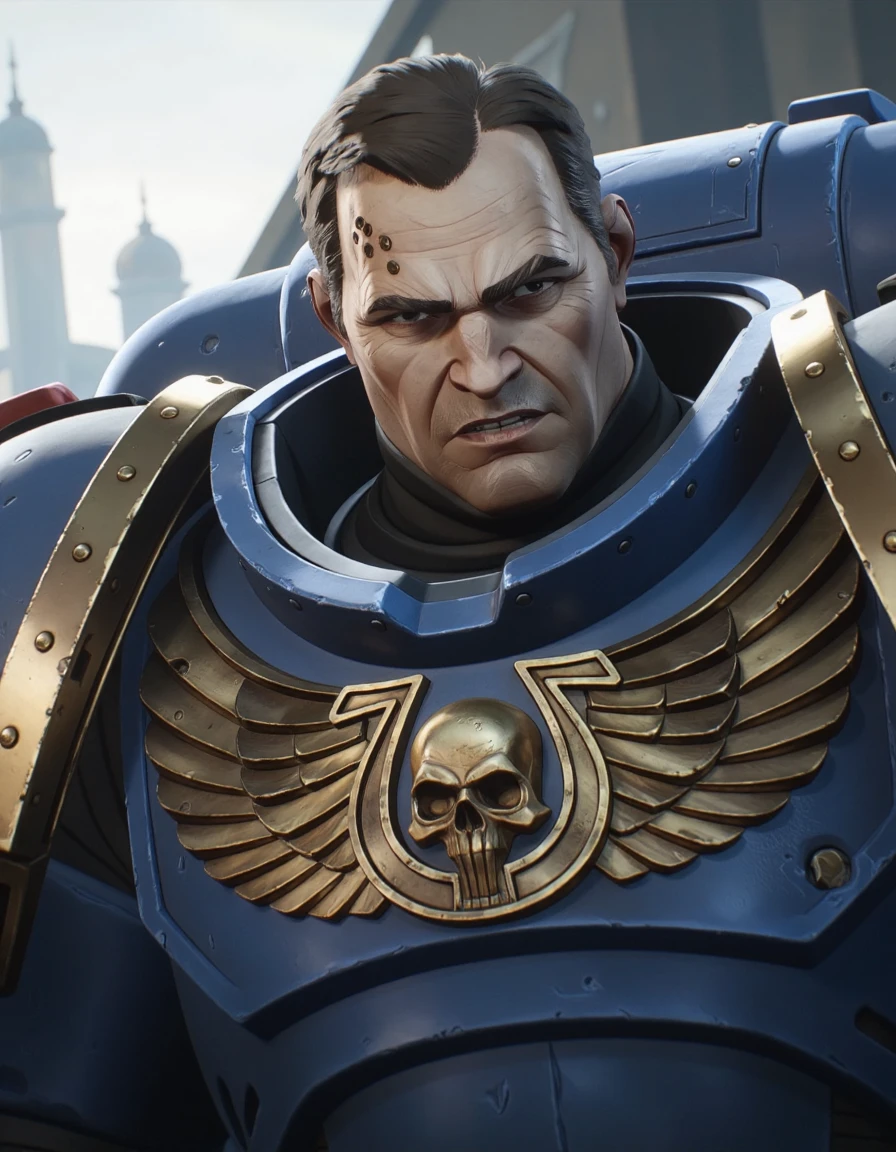 portrait of titus40k men wearing blue armor , solo, angry face, looking the viewer,  background city destroyed apocalypse fx, <lora:Demetrian_Titus_-_Warhammer_40k-000021:0.7>   <lora:ARCANE_STYLE_FADOO-FLUX:1> arc4n3style,âââ