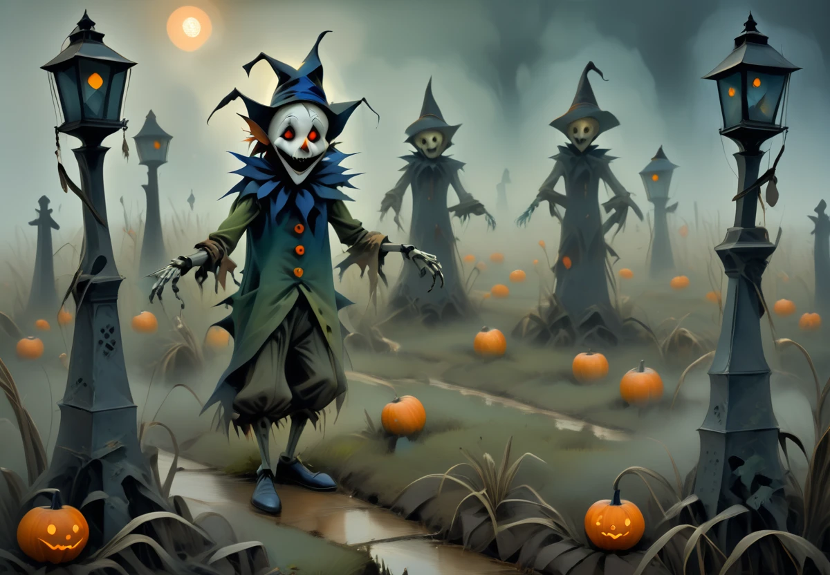 ((Evil Jester)) in the (Scarecrow Fields), created in the style of Whimsical using Sculpture, and a palette of Haunted Forest: Moss Green, Dark Brown, Foggy Grey, Midnight Blue, Lantern Orange,  <lora:artfullyHW24:1>,