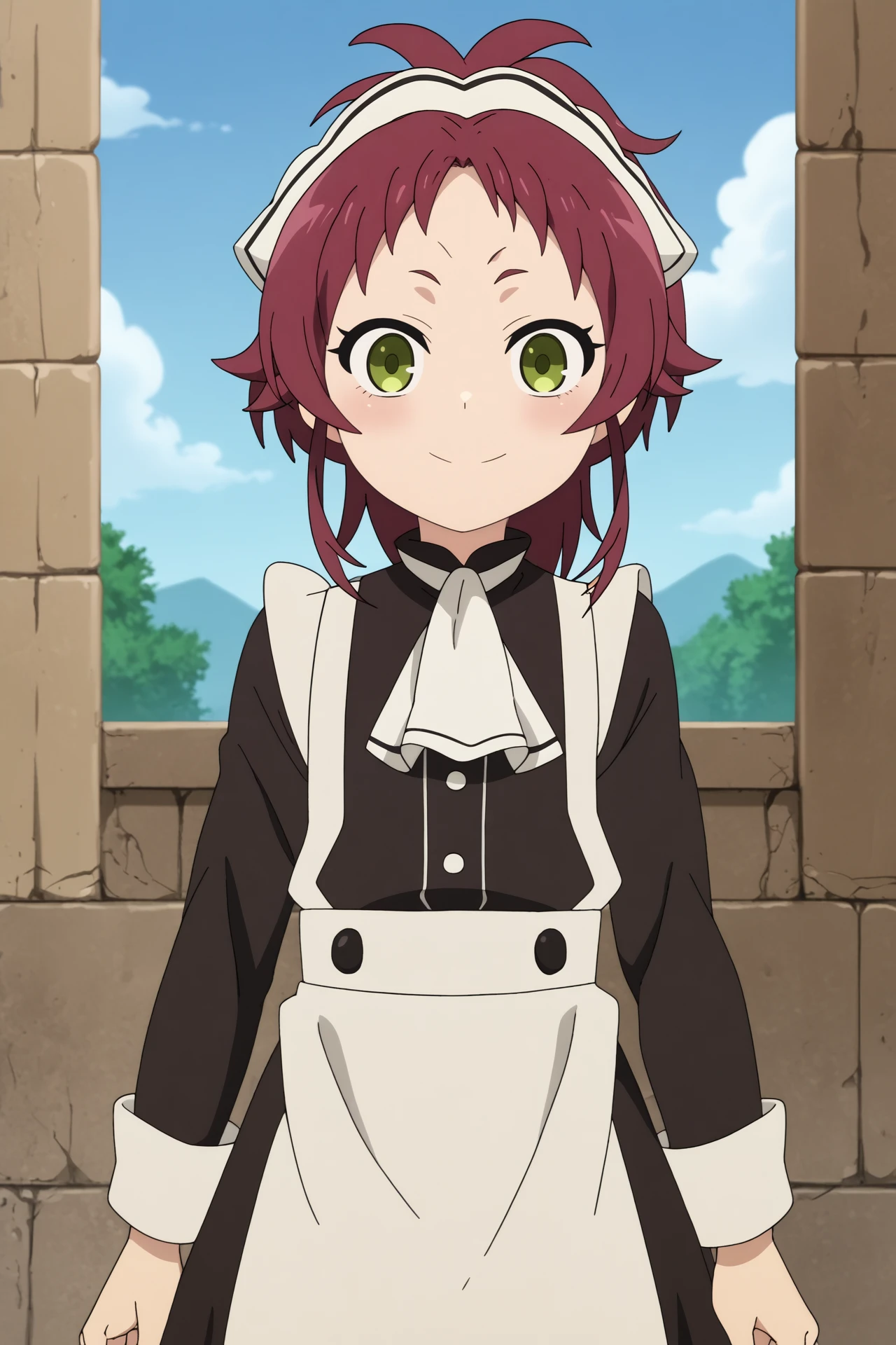 aisha greyrat,1girl,solo,looking_at_viewer,apron,maid,long sleeves,ascot,ponytail,maid headdress,smile
BREAK
outdoors,blue sky,sunshine,sun,old city,ruins

__randomizer89\usefull\poses3__,


<lora:Aisha_Greyrat_-_Mushokou_Tensei.safetensors:0.8>