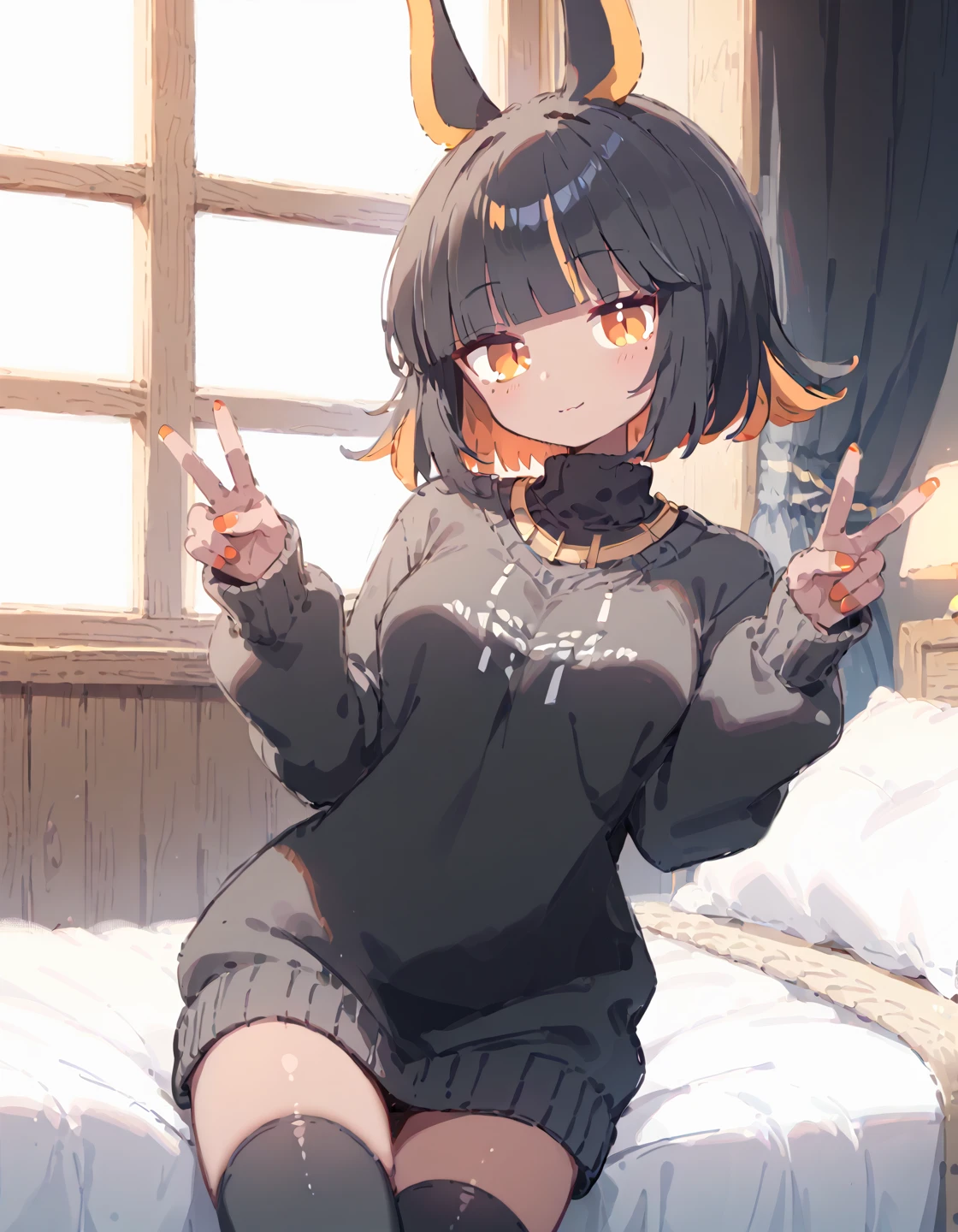 score 9,score 8 up,score 7 up,rating questionable,
1girl,solo,dark skin,jackal ears,blunt bangs,black hair,orange hair,medium hair,nail polish,sweater,black thighhighs,medium breasts,double v,
bedroom,
<lora:Imhotep_epoch_10:0.8>,