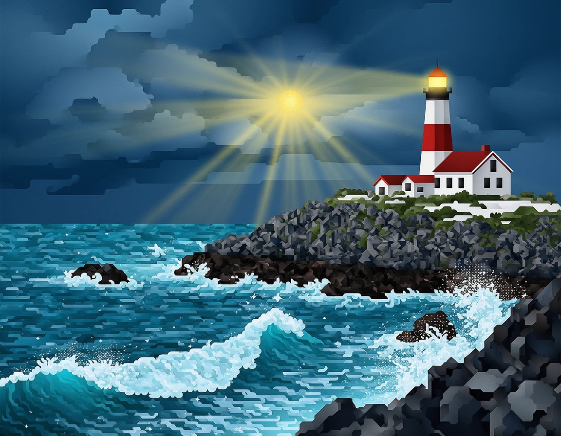 <lora:51gg1_06F1D-000010:1.0>,51gg1 style,a lighthouse, beacon signaling distant ships, waves crashing on surrounding rocks, dark ominous clouds forecast a winter storm,detailed,vector art,colorful,digital art