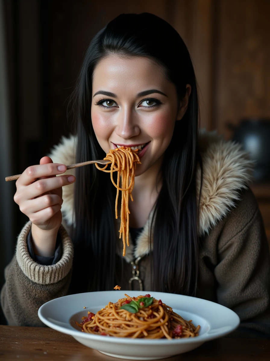 upper body photo of a dressed woman eating spaghetti, with sleek side swept hair, her pale skin has a high detailed texture and shows details like moles, small hairs and pores, her expression is happy, she is wearing a Norse explorer's gear with a woolen tunic, fur-lined cloak, leather leggings, and a round shield, prepared for voyages and raids. Set inside, with a cold colors lighting. <lora:alexclora-000012:1>