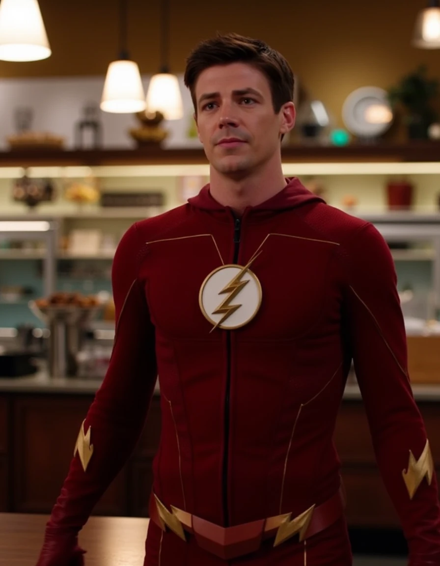 <lora:The_Flash_Flux:1> This is an image of Barry Allen wearing the flash costume, brown hair, standing in a cafe, looking at the viewer, smile
