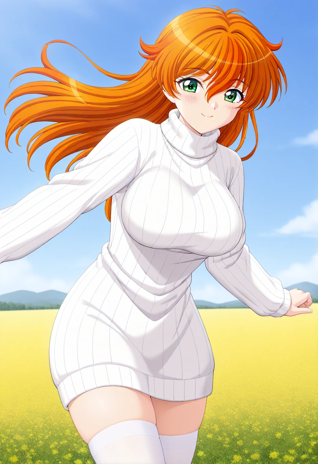 1girl, solo, (field:1.2), (blue sky:1.2),  smile,
nogiwa_miho, green eyes, orange hair, long hair, white sweater, sweater dress, turtleneck, ribbed sweater, long sleeves, white thighhighs, <lora:nogiwa_miho_illustrious_ver1:0.8>, rating, masterpiece, best quality, good quality, newest, (cowboy shot, dynamic pose:1.2),