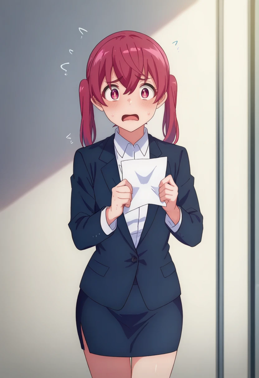 score_9_up,score_8_up,score_7_up,<lora:MCL_KS_v1.0_PONY-000034:1>,
MCL_KS,solo,twintails,Slightly_open_mouth,white shirt,blue jacket,pink hair,pencil skirt,collared shirt,pink eyes,dark blue skirt,
looking_at_viewer,cowboy_shot,embarrass,sweat,flustered,holding paper