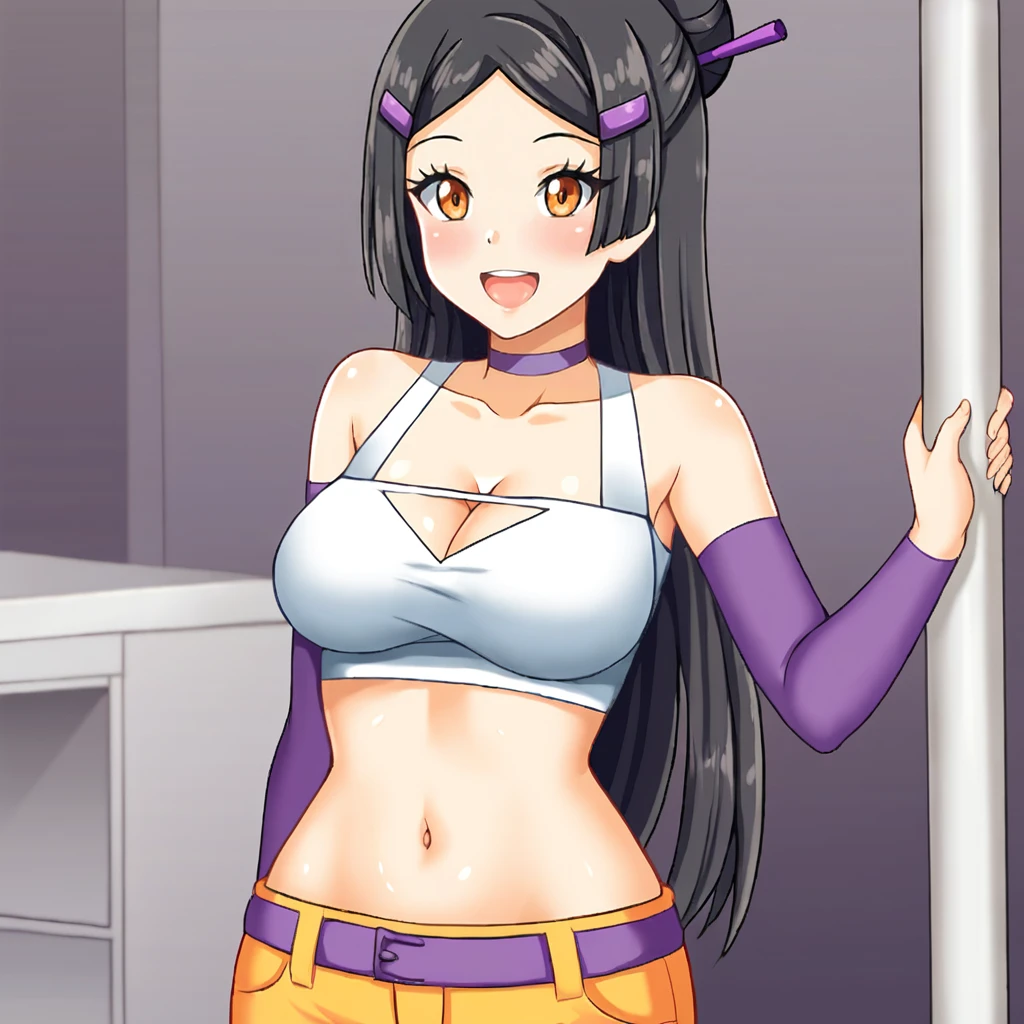 <lora:RikaCollegeLife2_pony_v1:1>  RikaCollegeLife, 1girl, solo, large breasts, bare shoulders, hair ornament, cleavage cutout, yellow pants, purple choker, navel, black hair, hairclip, midriff, clothing cutout, collarbone, detached sleeves, orange eyes, white shirt, parted bangs, tank top, thigh gap, crop top,  ponytail, hair bun, long sleeves