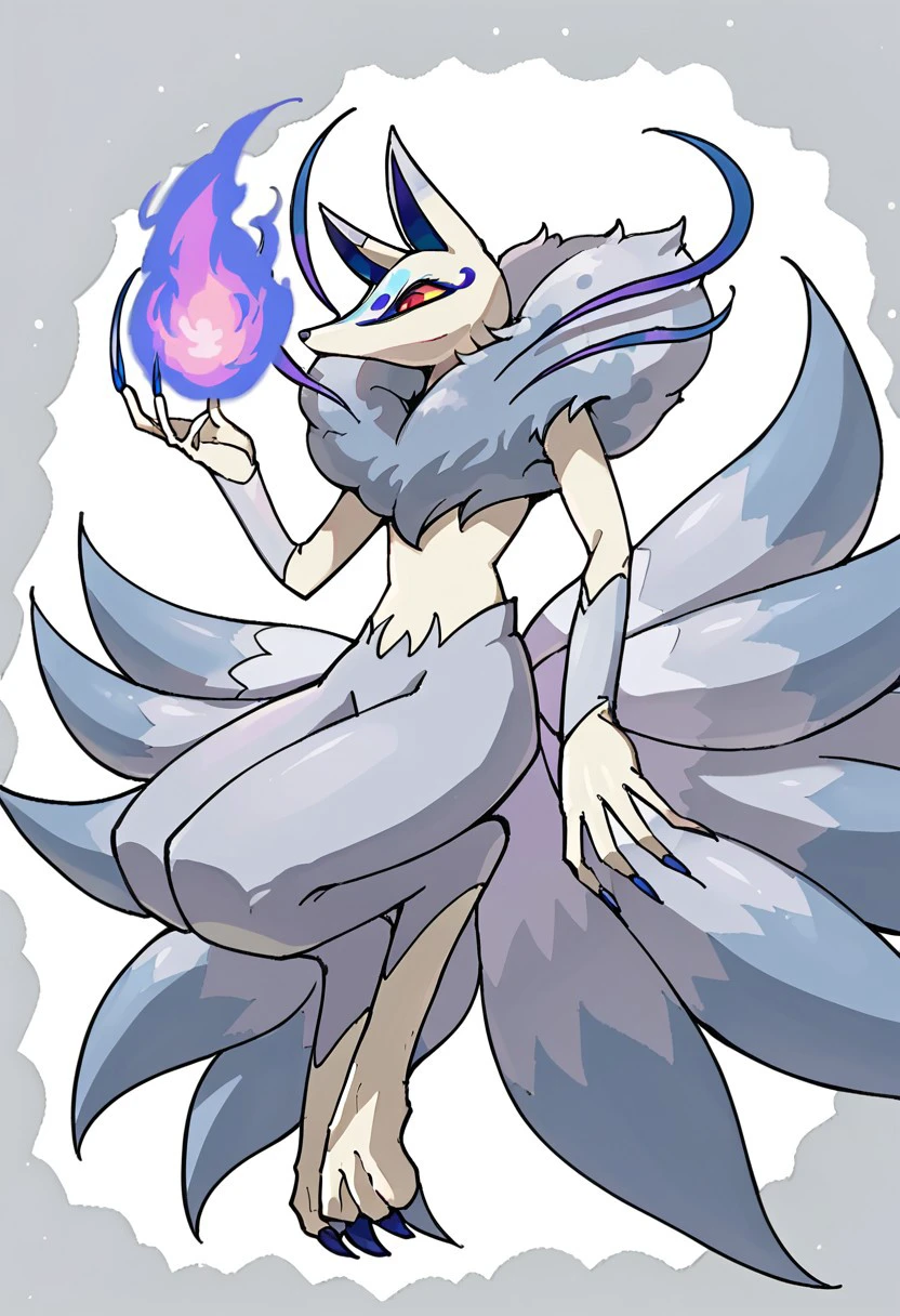 BREAK score_9_up score_8_up score_7_up, source_anime, 1girl, solo, Frostail_Yo-kai, silver fur, gray fur, white legs and torso, nine tails, multiple tails, gray tail tips, long blue nails, blue strands, yellow sclera, red eyes, aura,