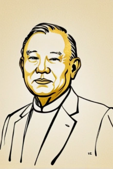 This is a digital drawing of the Nobel Prize Laureate rendered in a stylized, minimalist line-art technique. golden tone and black outlines.