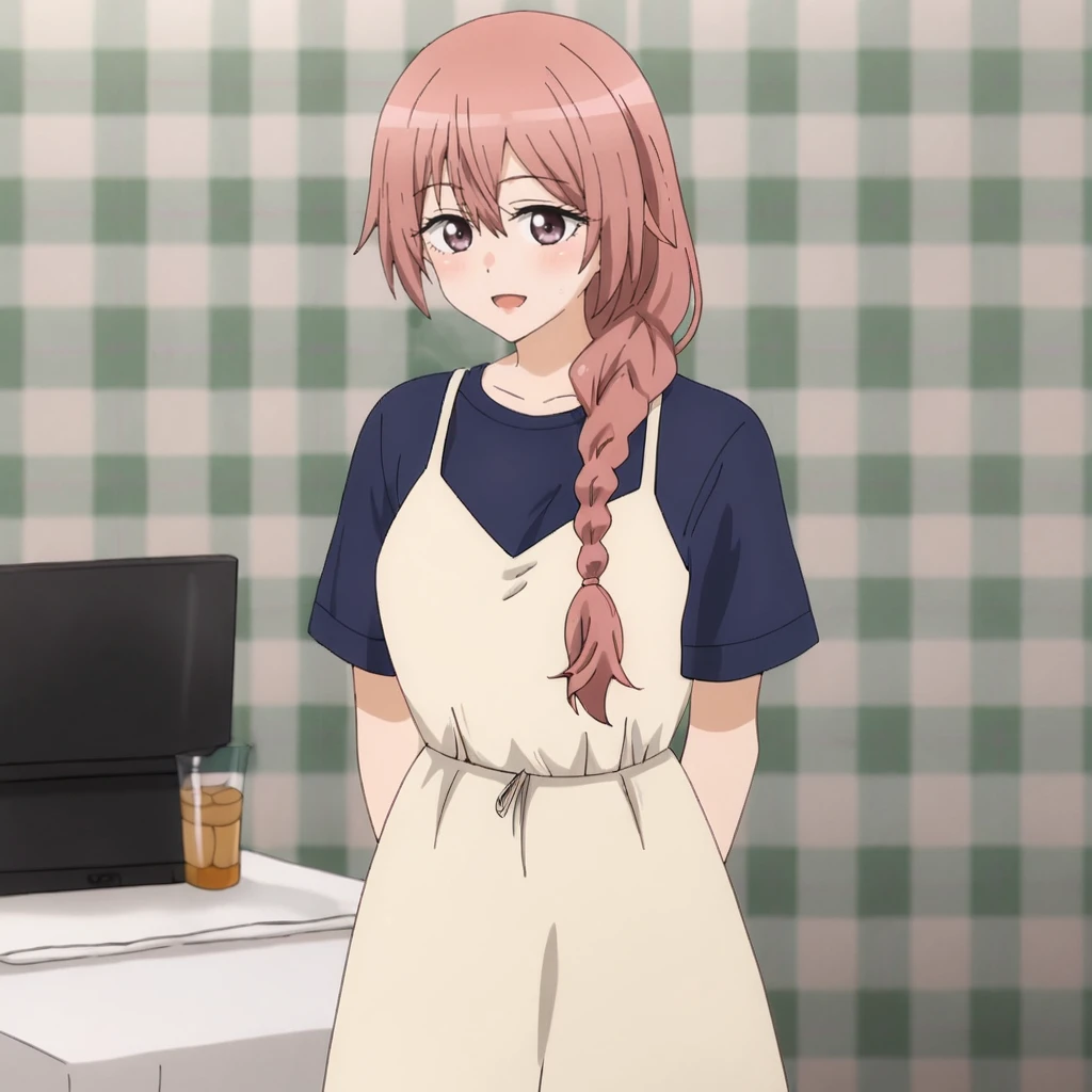 <lora:Shinju_pony_v1:.8>ShinjuDarlingHairStyle, single braid, long hair, dress, pink hair, 1girl, shirt, twin braids,  apron, short sleeves,  looking at viewer, cowboy shot