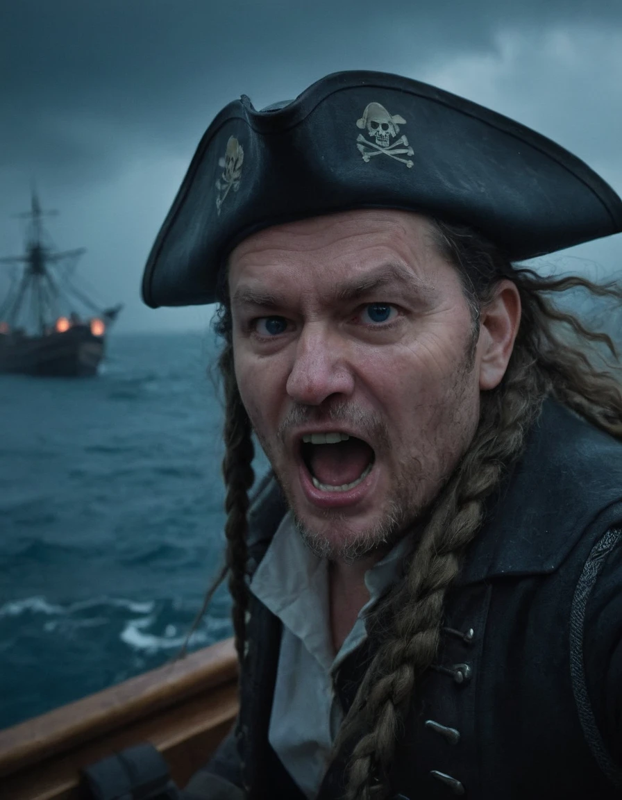 photo of mark webber  <lora:matovic_mark_webber:0.9> man pirate screaming on big pirate boat, angry, long hair, braids, wearing pirate clothes and hat, sea,  dark, storm, foggy weather, cinematic color grading, night, low light, blue color tones,  raining, bad weather, wind, dynamic, pirates men in the background, waves, water, burning boat in the distance, fish eye shot angle