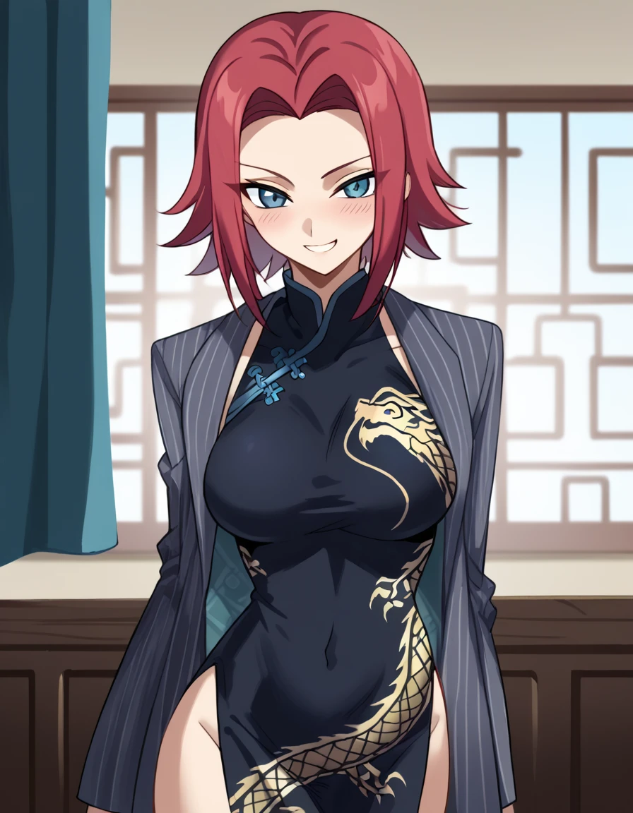 score_9, score_8_up, score_7_up, source_anime, <lora:kallen-stadtfeld-s1-ponyxl-lora-nochekaiser:1>, kallen stadtfeld, blue eyes, red hair, short hair, large breasts,, <lora:blue-archive-kisaki-cosplay-ponyxl-lora-nochekaiser:1>, blue archive kisaki cosplay, kisaki (blue archive) (cosplay), dragon print, china dress, print dress, chinese clothes, pinstripe jacket, sleeveless turtleneck dress, cosplay, vertical-striped jacket, pinstripe pattern, pelvic curtain, striped coat, grey coat, black dress, sleeveless dress,, indoors, from side, blush, smile,, cowboy shot, looking at viewer