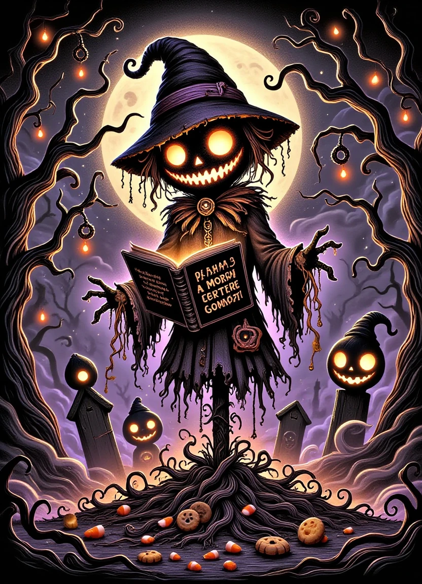 A haunted scarecrow stands in a forgotten DonM cemetery surrounded by spiderwebs, tarantula lights, and devilish smiles. Candy corn and cookies lie on the ground amidst creepy gothic horror decorations. A scarecrow reads scary stories beneath a full moon with eyeballs glowing in the darkness.