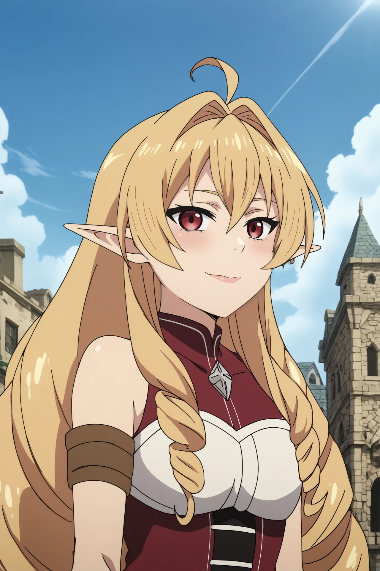 
elinalise dragonroad,1girl,solo,looking_at_viewer,long hair,pointy ears,ahoge,drill hair,navel,elf,bare shoulders,hair between eyes,smile
BREAK
outdoors,blue sky,sunshine,sun,old city,ruins




<lora:Elinalise_Dragonroad_-_Mushoku_Tensei.safetensors:0.8>