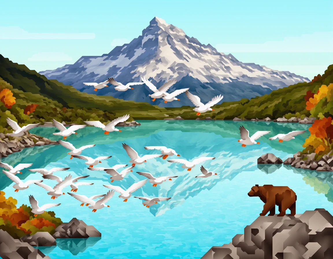 <lora:51gg1_06F1D-000010:1.0>,51gg1 style,a flock of ducks flying low across the surface of a mountain lake, surrounded by a forest, snow on the mountain top, a bear walks on the lake shore, fall colors,detailed,vector art,colorful,digital art