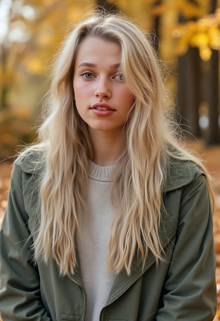 an amateur photo of tisifi, a young blonde woman with long hair, wearing lipstick and modest casual autumn clothes on a sunny autumn day.