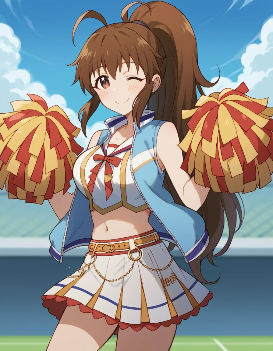 score_9, score_8_up, score_7_up, source_anime, <lora:popura-taneshima-s2-ponyxl-lora-nochekaiser:1>, popura taneshima, long hair, brown hair, brown eyes, ponytail, ahoge, large breasts,, <lora:umamusume-nice-nature-cosplay-ponyxl-lora-nochekaiser:1>, umamusume nice nature cosplay, nice nature (umamusume) (cosplay), pom pom (cheerleading), cheerleader, holding pom poms, cosplay, yellow belt, white skirt, midriff, blue jacket, navel, shirt, sleeveless shirt, sleeveless,, outdoors, smile, one eye closed, blush, cowboy shot, looking at viewer