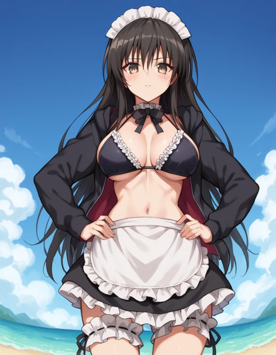 score_9, score_8_up, score_7_up, source_anime, <lora:yui-kotegawa-darkness-ponyxl-lora-nochekaiser:1>, yui kotegawa, black hair, brown eyes, long hair, large breasts, <lora:artoria-pendragon-alter-swimsuit-cosplay-ponyxl-lora-nochekaiser:1>, artoria pendragon alter swimsuit cosplay, artoria pendragon (alter swimsuit rider) (fate) (cosplay), maid bikini, unconventional maid, bridal garter, cosplay, waist apron, frilled choker, frilled bikini, maid headdress, maid, black bikini, open hoodie, apron, bikini top only, beach, blush, hands on own hips, from below,, cowboy shot, looking at viewer